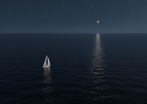 A small boat's journey towards a star.